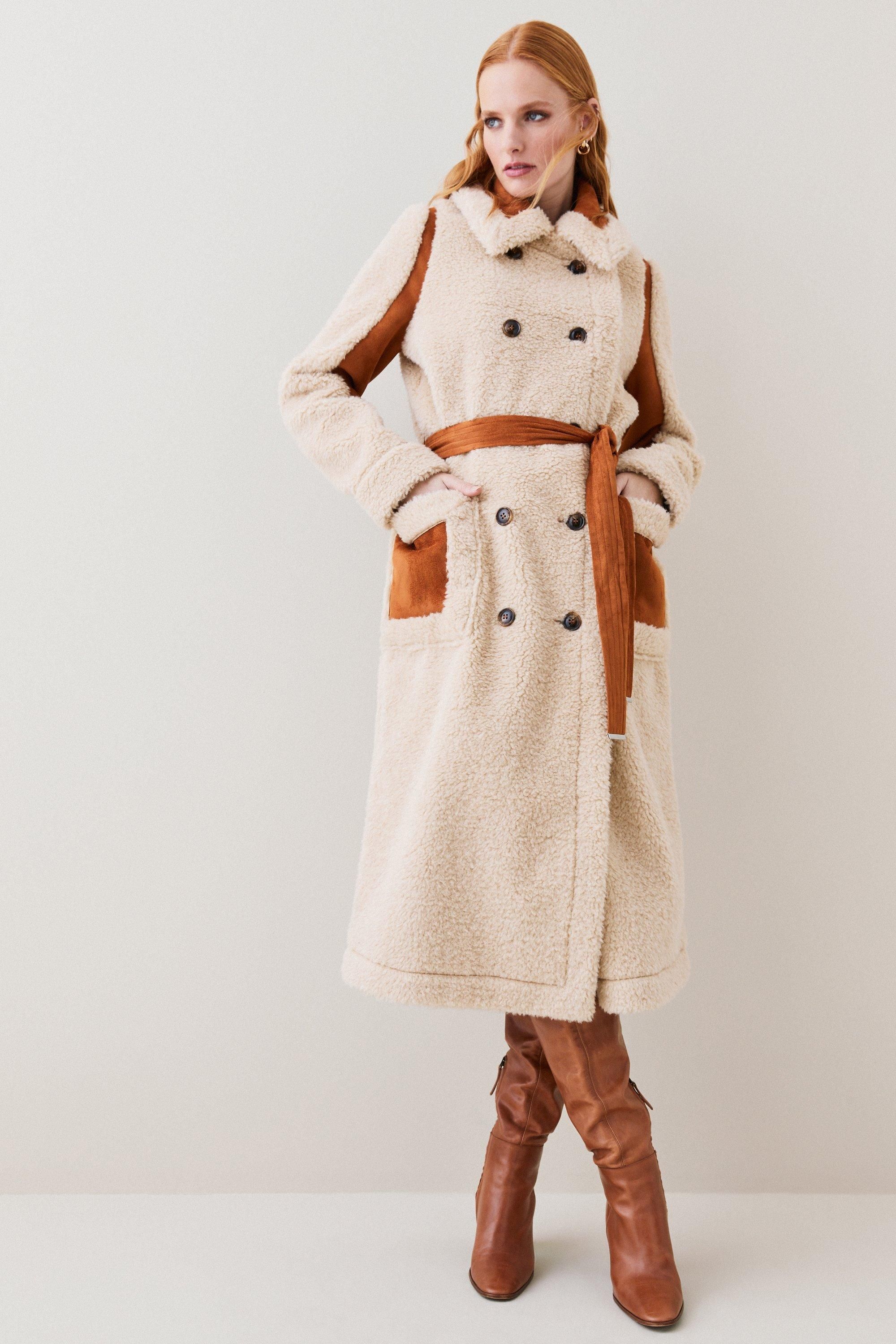 Longline Db Faux Shearling Belted Coat | Karen Millen US