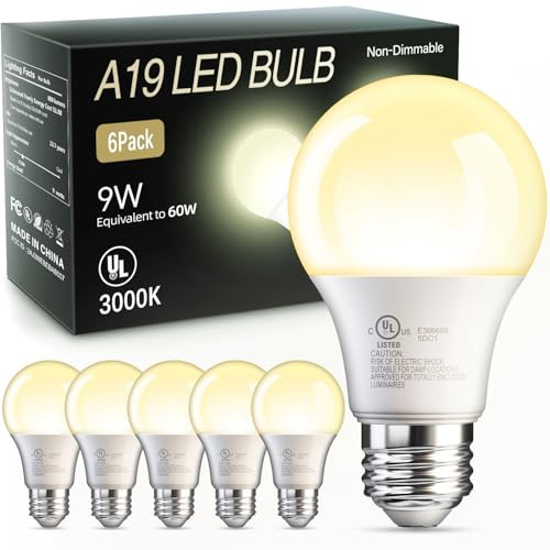 TJOY 6 Pack A19 LED Light Bulbs, 60 Watt Equivalent LED Bulb, Warm White 3000K, Efficient 9W, E26 Standard Base, Non Dimmable Energy Saving Lightbulb, 800LM, 80 CRI, 120V, UL Listed | Amazon (US)