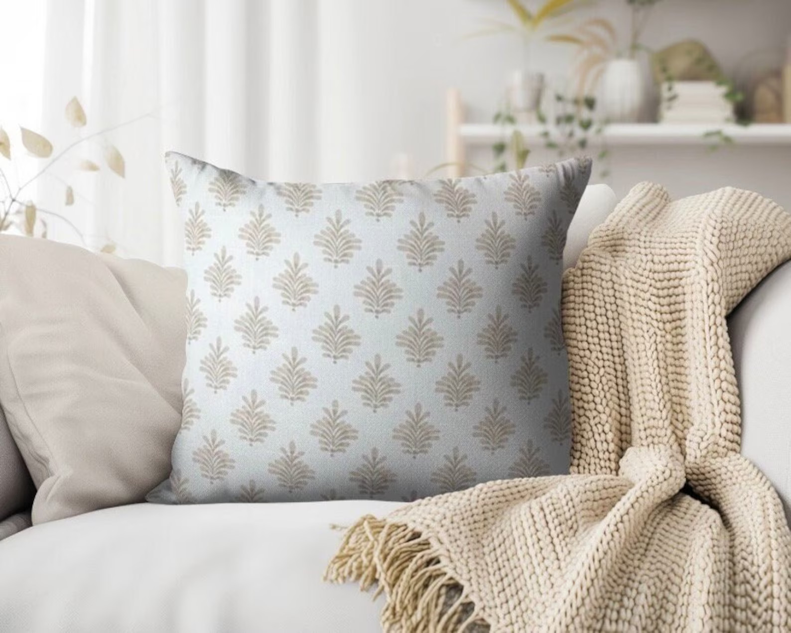 Block Print Pillow Cover Floral Pillow Fall Beige White Throw Pillow Modern Pillow Cover Linen Lo... | Etsy (US)