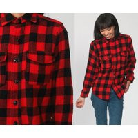Buffalo Plaid Shirt 70S Wool Flannel Red Black Lumberjack Jacket Button Up Long Sleeve 1970S Vintage | Etsy (US)