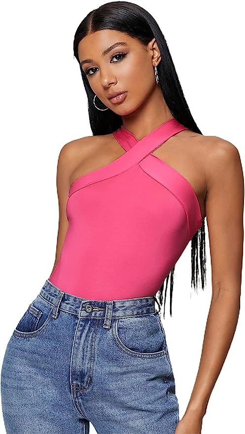 Floerns Women's Solid Criss Cross Halter Sleeveless Tee Shirt Top Hot Pink M at Amazon Women’s ... | Amazon (US)