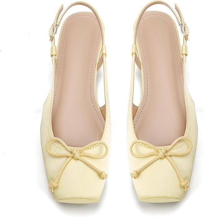 Women's Ballet Flats Slingbacks Square Toe Bow Knit Dressy Flat Shoes with Ankle Buckles Satin | Amazon (US)