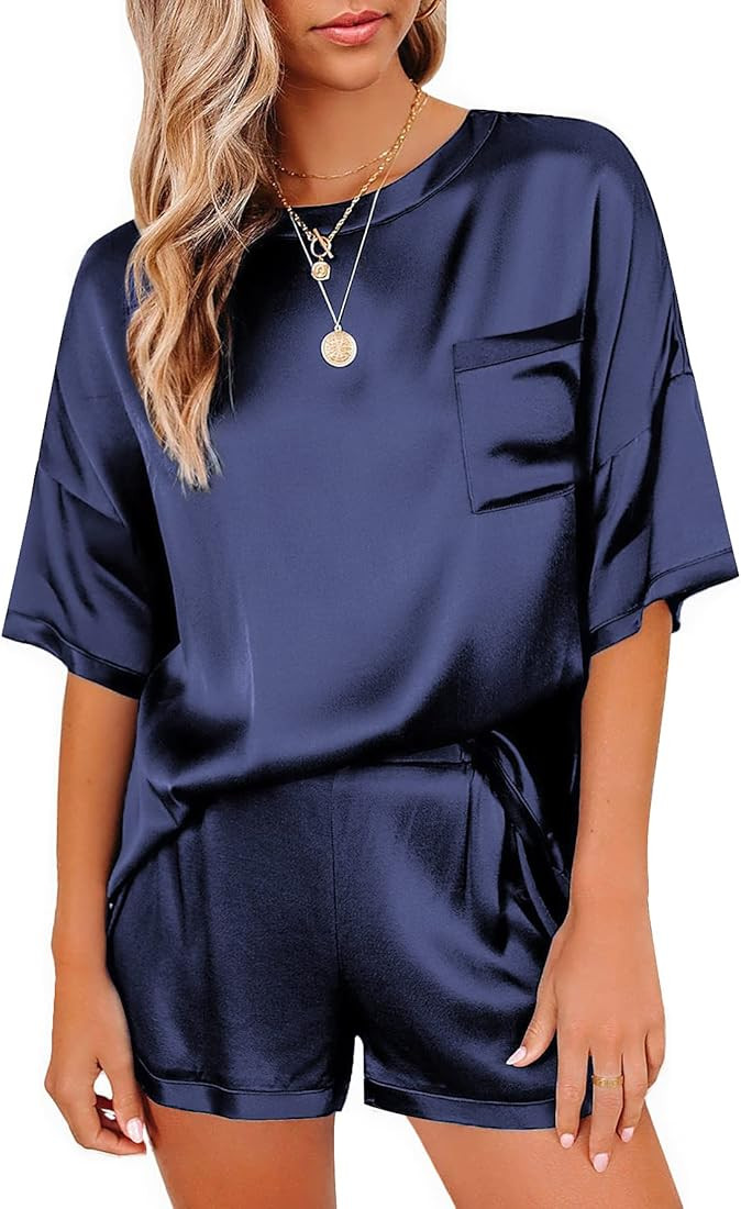 Ekouaer Women's Satin Pajama Set Silk Causal Pajamas Short Sleeve Pj Shirt Sexy Lounge Shorts O-N... | Amazon (US)