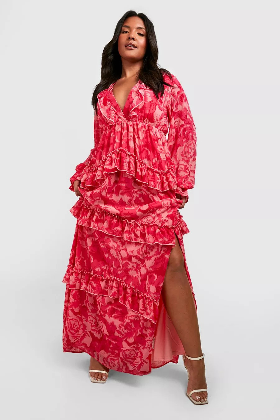 Plus Floral Frill Plunge Ruffle Maxi Dress | boohoo (US & Canada)