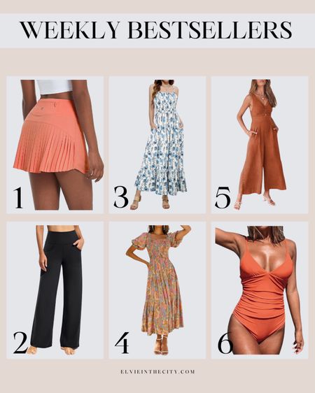 Weekly bestsellers include a pleated tennis skirt, wide leg pants, a spaghetti strap maxi dress, square neck maxi dress, jumpsuit, and a one-piece swimsuit. 

Resort wear, wedding guest dress, Easter dress, ootd, spring dress, spring outfit inspiration, vacation outfit 

#LTKstyletip #LTKfindsunder50 #LTKover40