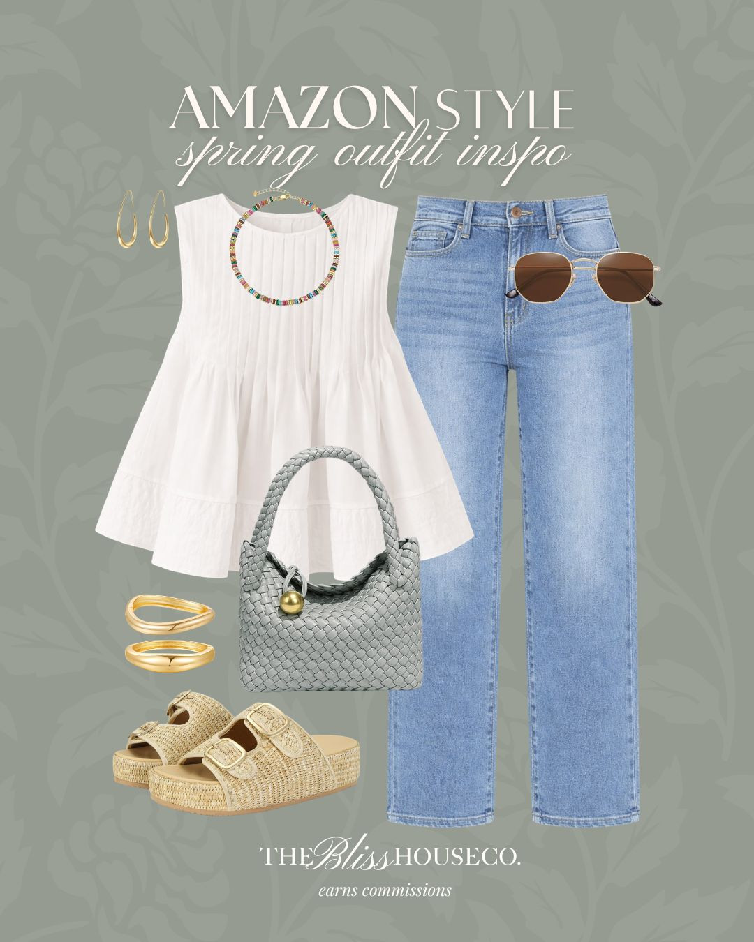 Easy Amazon spring outfit. ✨ Neutral sleeveless blouse, straight leg jeans, woven platform sandals, braided handbag, gold jewelry, colorful beaded necklace, brown sunglasses, casual everyday outfit, effortless spring style, affordable Amazon fashion finds.
 

 #LTKootd