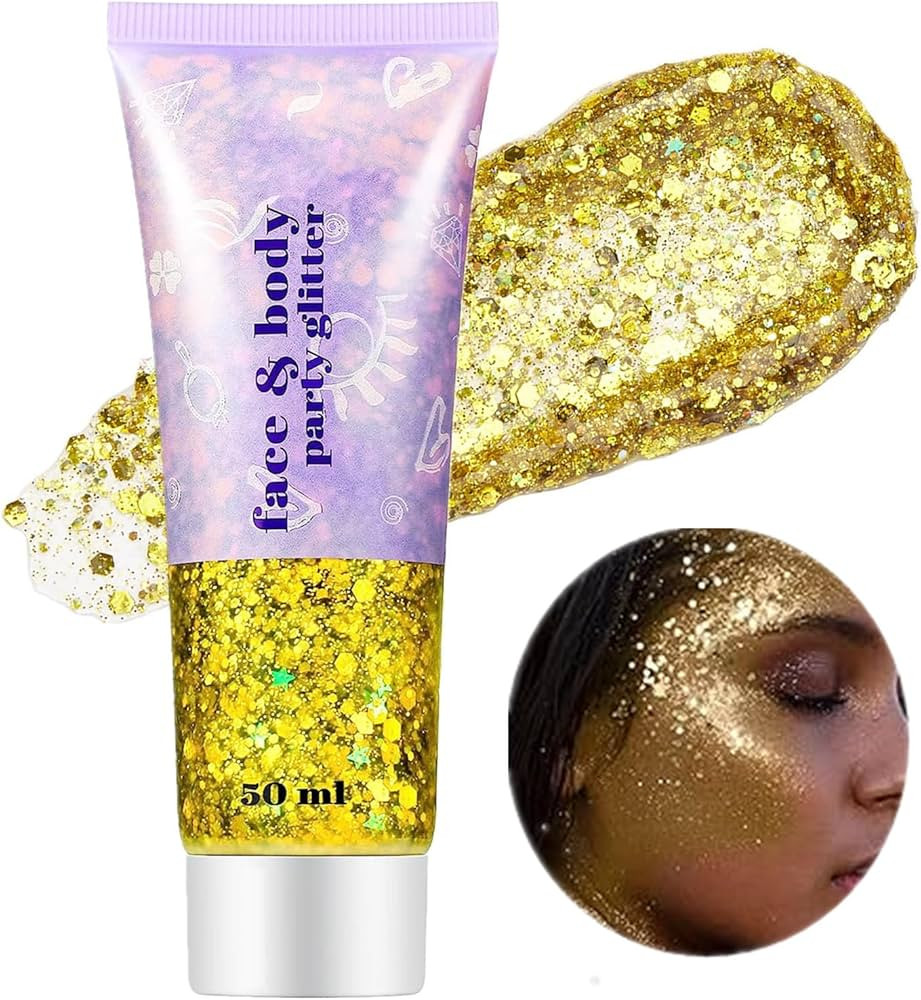 Go Ho Gold Face Body Glitter,Mardi Gras Glitter Makeup Gold Face Paint,Holographic Chunky Sequins... | Amazon (US)
