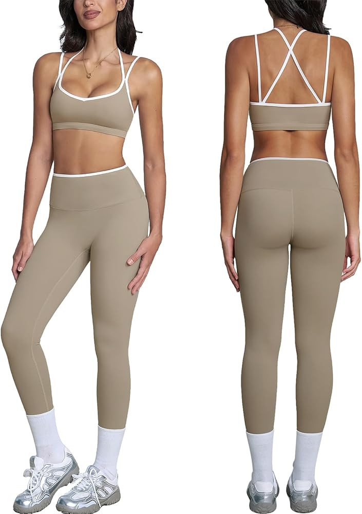 ABOCIW Two Piece Workout Sets for Women Color Block Strappy Sports Bra High Waist Leggings Yoga P... | Amazon (US)