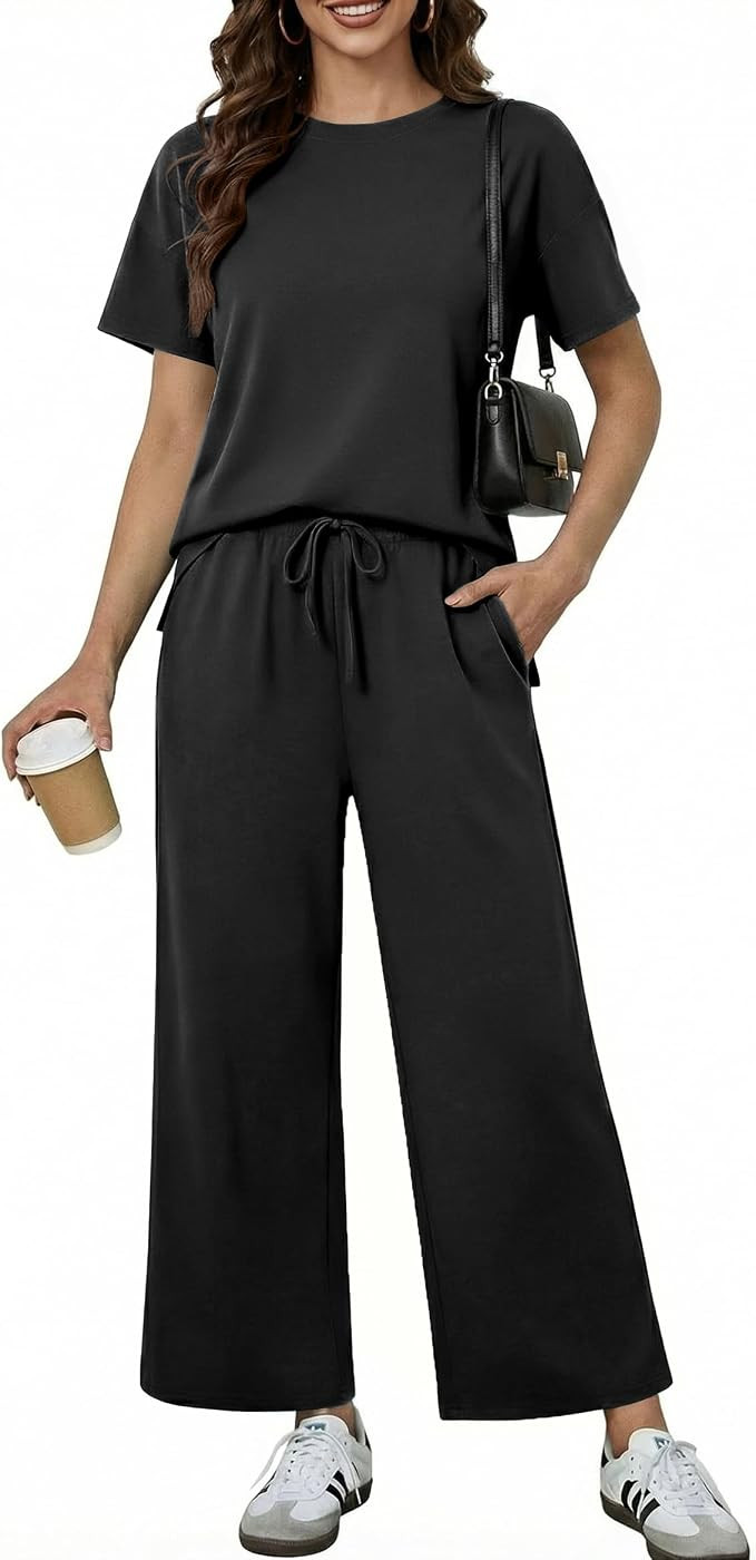 PINSPARK Soft 2 Piece Sets for Women Short Sleeve Matching Lounge Set Wide Leg Pants Tracksuit Tr... | Amazon (US)