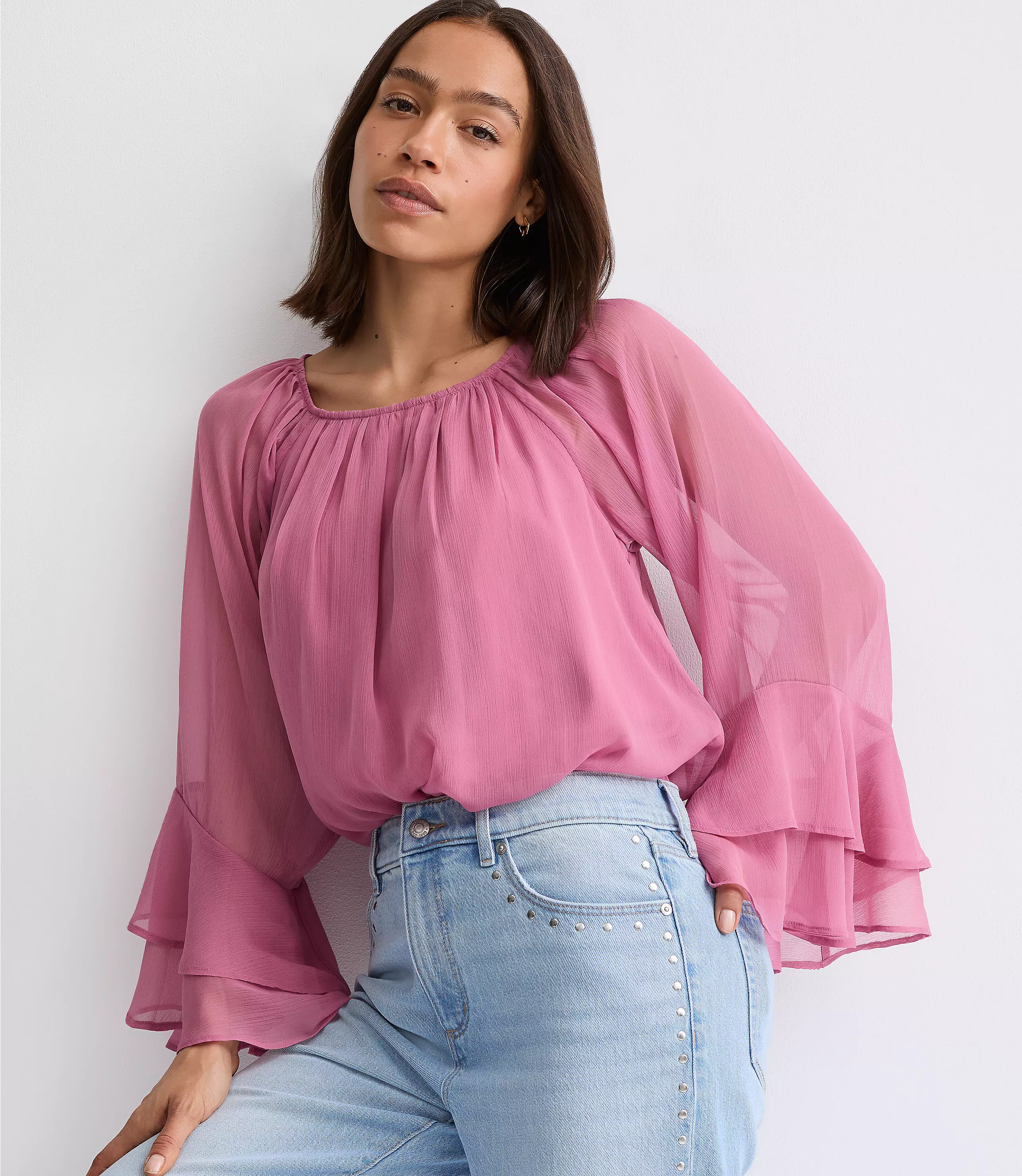 Petite Tiered Ruffle Sleeve Blouse | LOFT