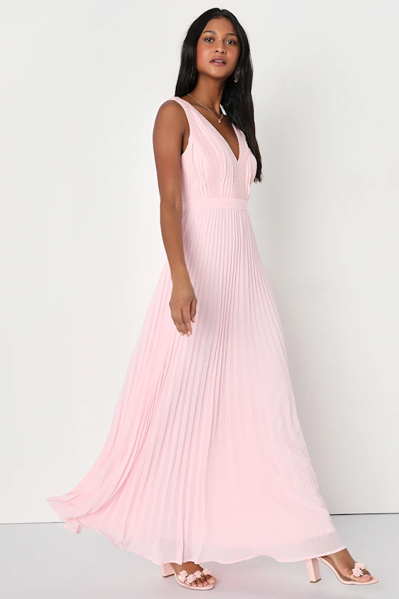 Beautiful Allure Light Pink Pleated Crochet Lace Maxi Dress | Lulus (US)