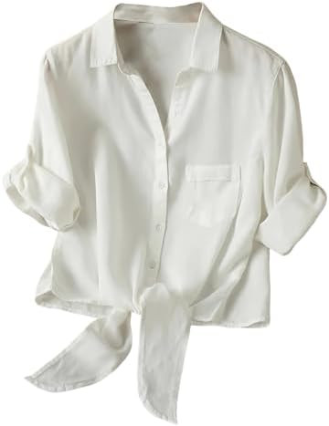 Dauocie Women's Front Tie Tops Casual 3/4 Roll Up Sleeve Button Up Shirts with Pocket | Amazon (US)