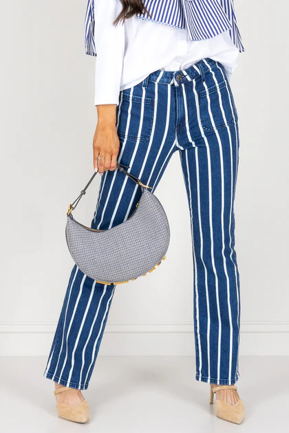 Kelsey Indigo & White Striped High Rise Ankle Flare Jean | The Willow Tree