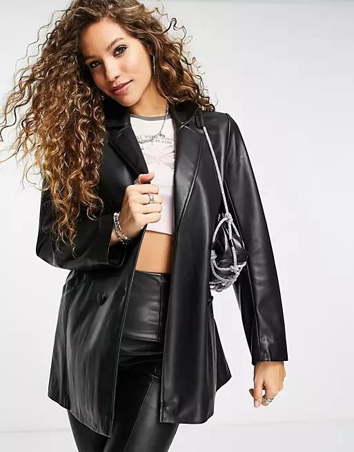 Topshop faux leather double breasted blazer in black | ASOS (Global)
