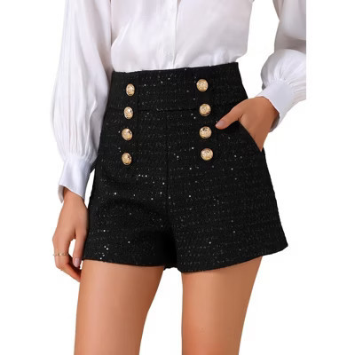 INSPIRE CHIC Women's Tweed Plaid Button Front High Waist Wide Legs Office Elegant Shorts Black Medium | Target