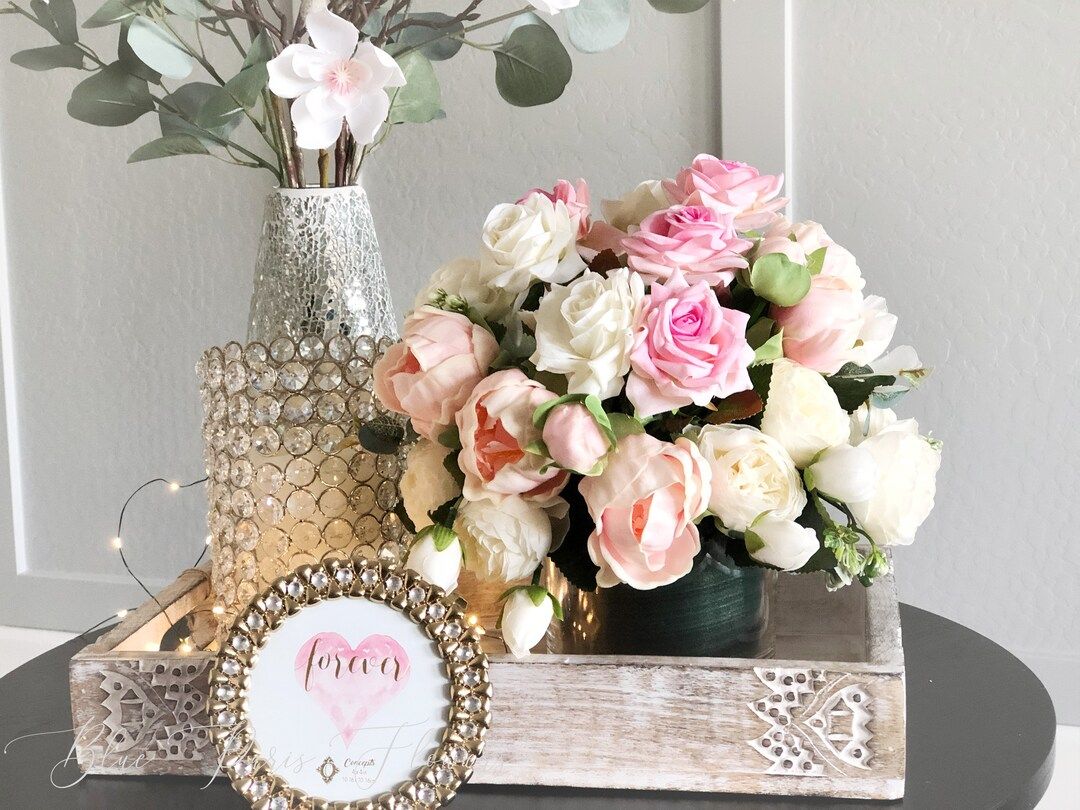 Pink Peonies Roses Faux Flower Arrangement Floral Home Decor - Etsy | Etsy (US)