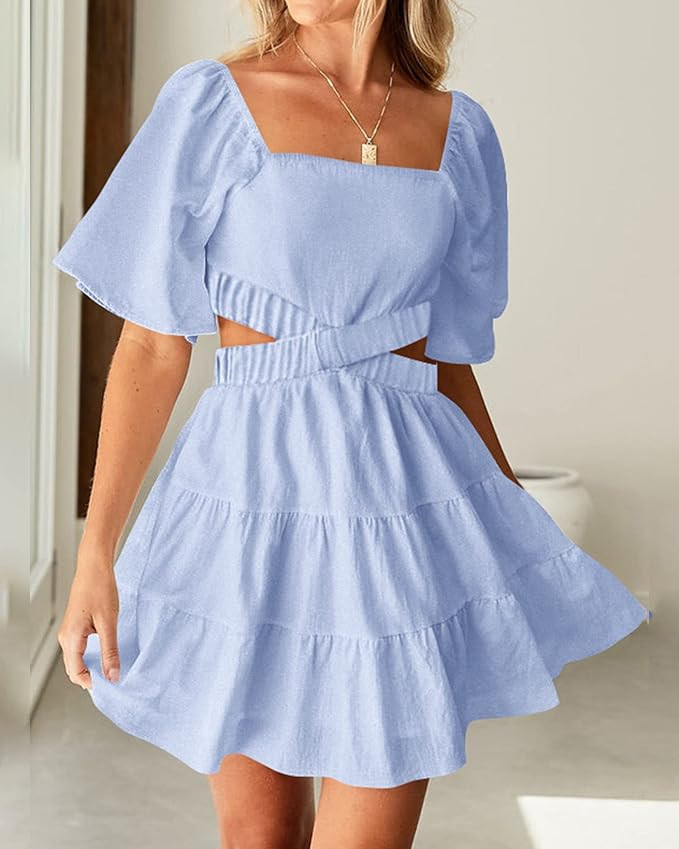BTFBM Women Summer Dresses 2023 Square Neck Short Sleeve Cutout Crossover Waist Casual Party Tier... | Amazon (US)