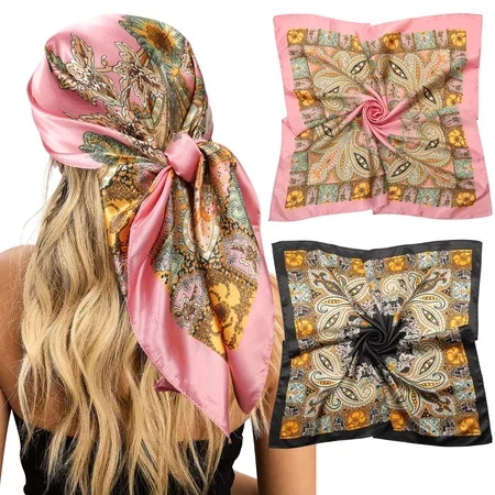 AWAYTR 35” Large Satin Square Head Scarf - 2Pcs Silk Floral Head Scarves Women Hair Scarves Hair Bandanas | Walmart (US)