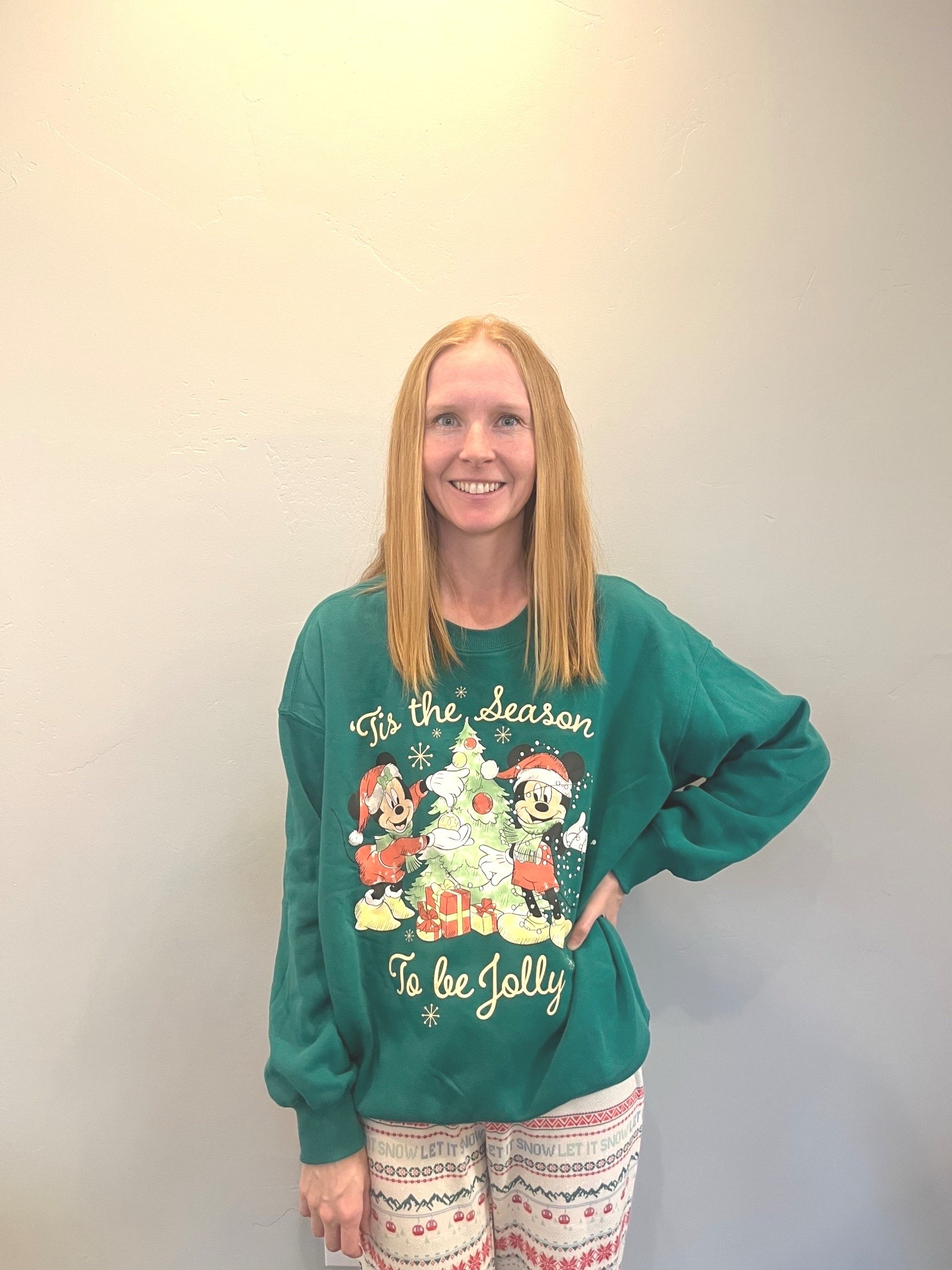 Disney Christmas outfit with a Mickey and Minnie christmas sweatshirt and holiday pajama pants, both from Target. I’m wearing size XS in the sweatshirt and size XS in the pants   

#LTKStyleTip #LTKHoliday #LTKootd