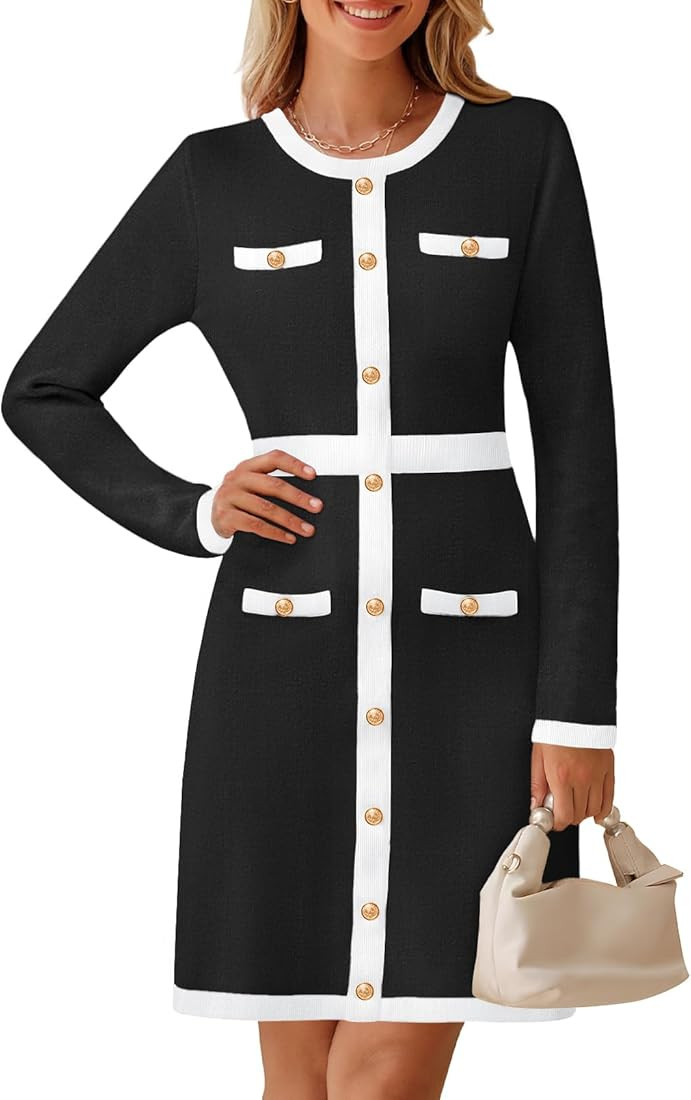 MEROKEETY Women's Long Sleeve Bodycon Sweater Dress Crewneck Color Block Button Knit Formal Midi ... | Amazon (US)