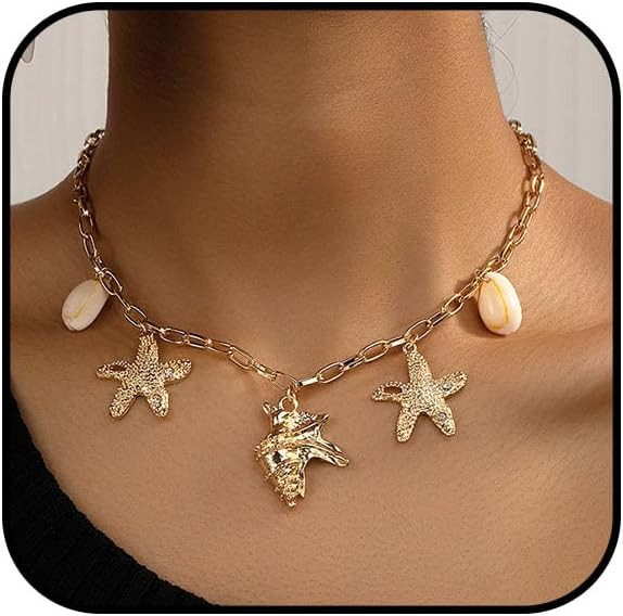 Gold Starfish Charm Necklace for Women Conch Shell Necklace Star Shell Pendant Statement Necklace... | Amazon (US)