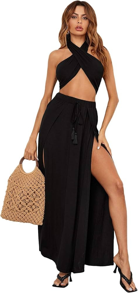 SheIn Women's Sexy Two Piece Set Criss Cross Halter Crop Top and Split Maxi Skirt Summer Outfits | Amazon (US)