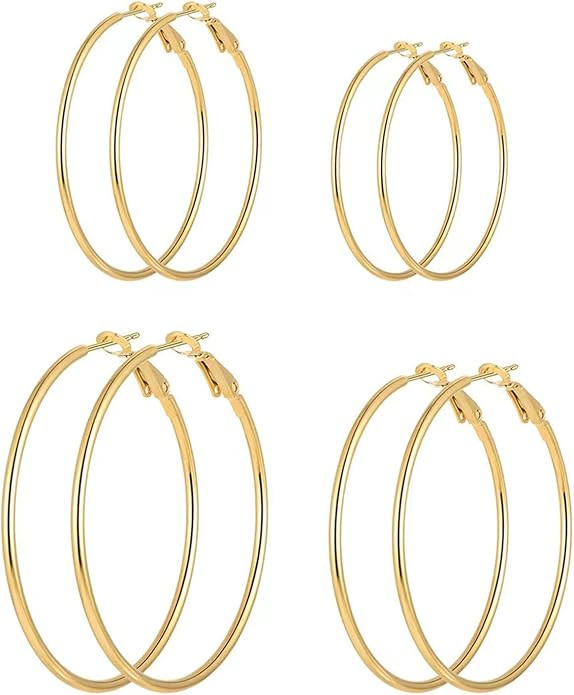 4 Pairs Silver Gold Hoop Earrings for Women | 14K Gold Plated Hoop Earrings Set for Girls Hypoall... | Amazon (US)