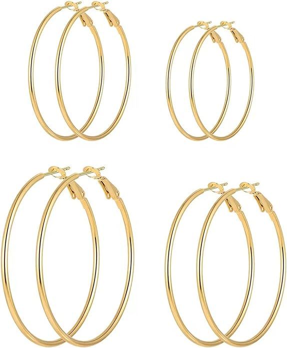 4 Pairs Silver Gold Hoop Earrings for Women | 14K Gold Plated Hoop Earrings Set for Girls Hypoall... | Amazon (US)