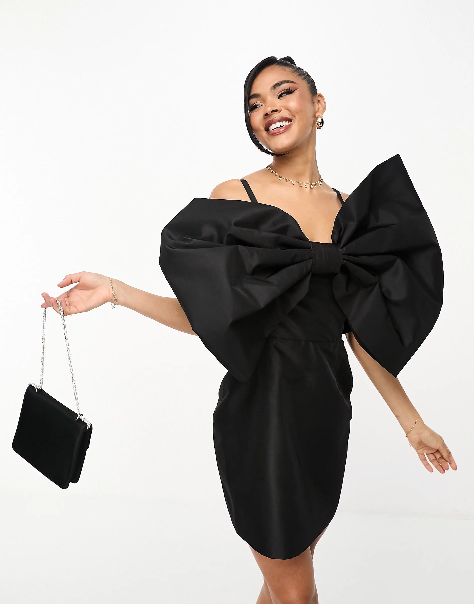 Forever Unique oversized bow bodycon mini dress in black | ASOS (Global)