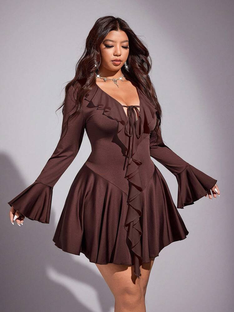 Viva Relle Elegant Waist Cinching Ruffle Hem Tie Front Plus Size Dress | SHEIN