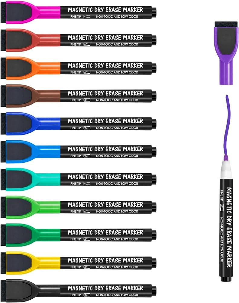 maxtek Magnetic Dry Erase Markers Fine Tip, Whiteboard Markers with Eraser, 12 Count Colorful Fin... | Amazon (US)