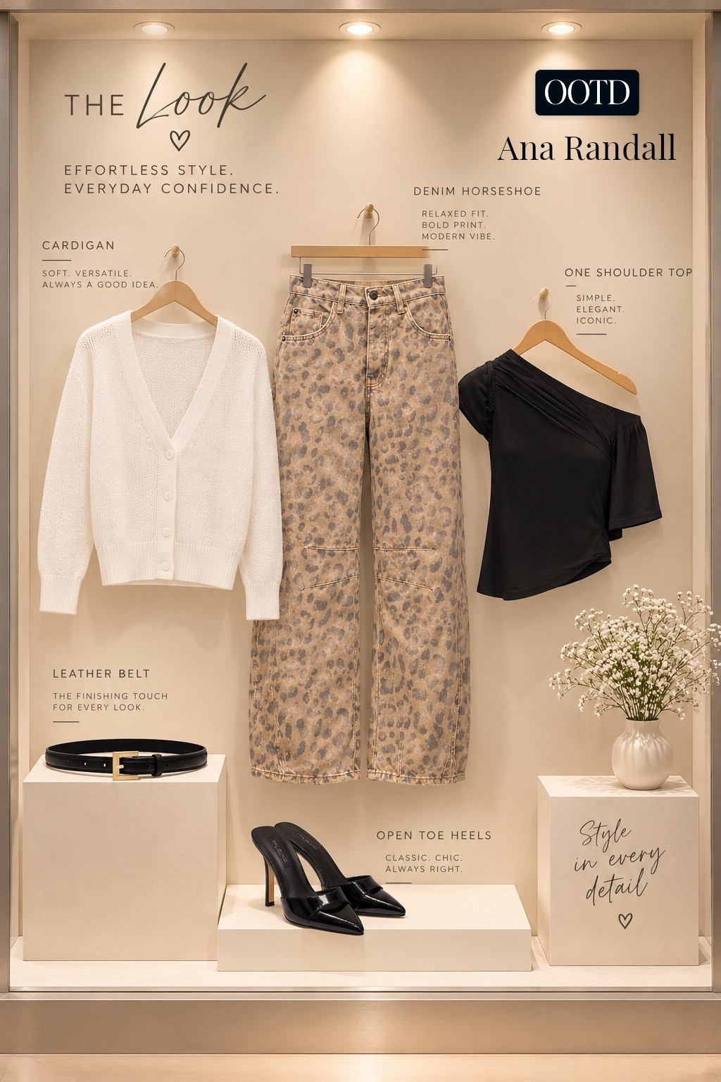 Okay, if you’re looking for the ultimate cool-girl outfit formula, this is IT! 🐆 Printed denim can feel tricky to style, but pairing these leopard horseshoe jeans with a sleek black one-shoulder top immediately elevates the whole look. Throw on a white cardigan for a soft layer, add a classic black belt, and polish it off with pointed open-toe heels. It’s effortless, chic, and so easy to recreate!

Xoxo,
Ana Randall♥️

#LTKstyletip #LTKshoes