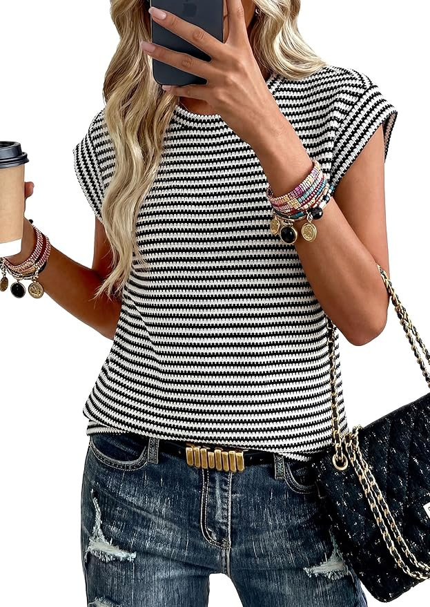 PRETTYGARDEN Women's 2026 Spring Vest Tops Cap Sleeve Striped Shirt Knit Tank Top Summer Beach Va... | Amazon (US)