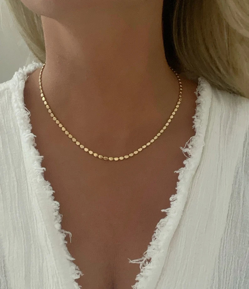 18k Gold Filled Chain Necklace, Flat Bead Chain, Gold Bead Chain, Dainty Chain, Gold Chain Neckla... | Etsy (US)