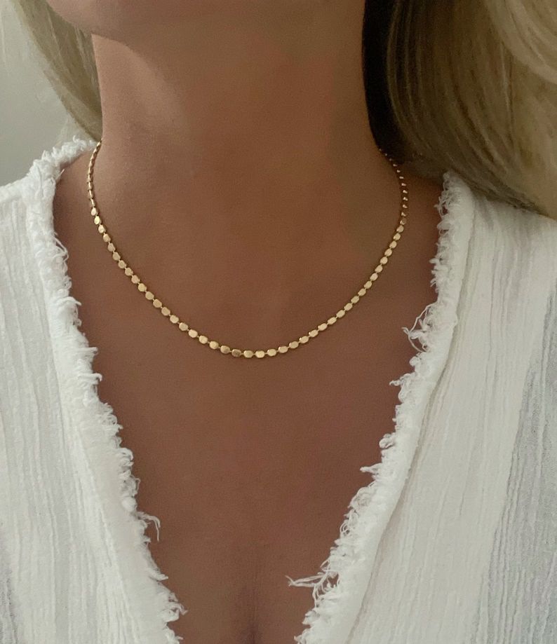 18k Gold Filled Chain Necklace, Flat Bead Chain, Gold Bead Chain, Dainty Chain, Gold Chain Neckla... | Etsy (US)