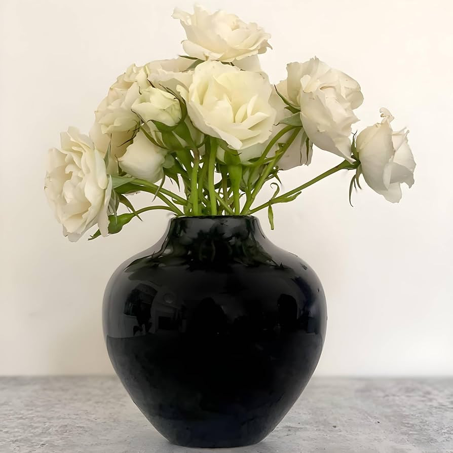 Willowy 5 Inch Round Black Ceramic Vase with Glossy Finish - Modern Vase for Flowers, Home Decor | Amazon (US)