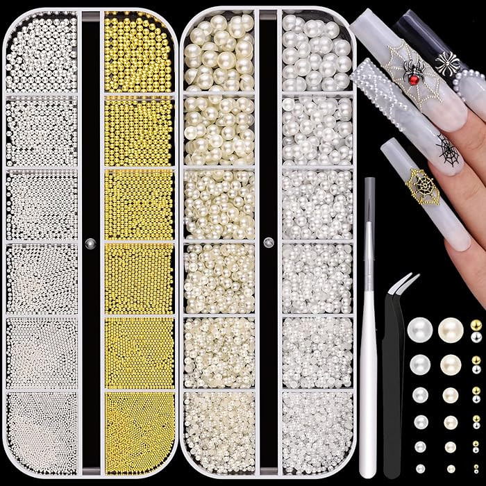 2 Boxes Flatback Pearls (White+Beige) And Metal Nail Beads (Silver+Gold) For Nail Art, Luxurious ... | Amazon (US)