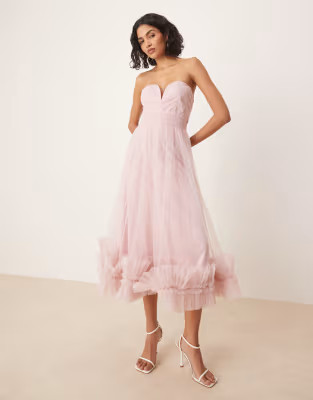 Lace & Beads corset tulle ruffle hem midaxi dress in powder pink | ASOS (Global)