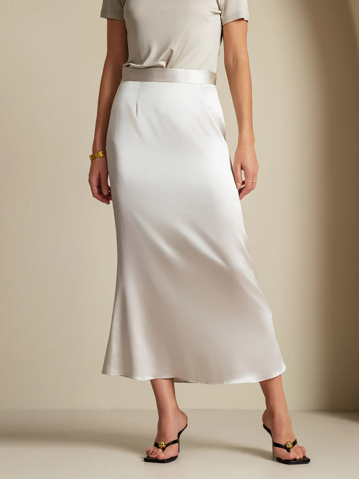 19Momme Silk A Line Maxi Skirt with Zipper Design | SilkSilky