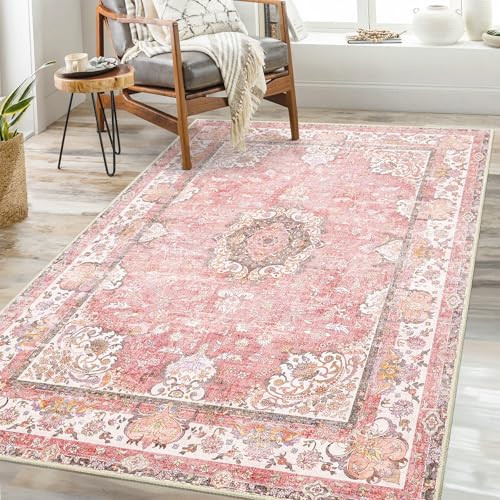 Castage Pink Rug 3'x5',Washable Area Rugs for Bedroom Living Room Kitchen Entryway Bedside,Small Boho Vintage Bohemian Distressed Oriental Non Slip Carpet,Blush Floral Flowers | Amazon (US)