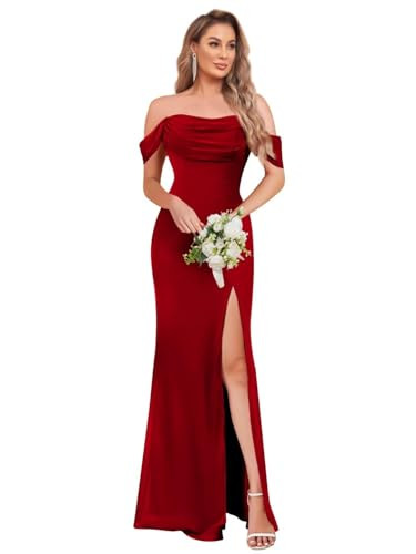 BOLENSYE Off The Shoulder Burgundy Bridesmaid Dresses Chiffon Ruched Long Formal Evening Gown with Slit Size 8 | Amazon (US)