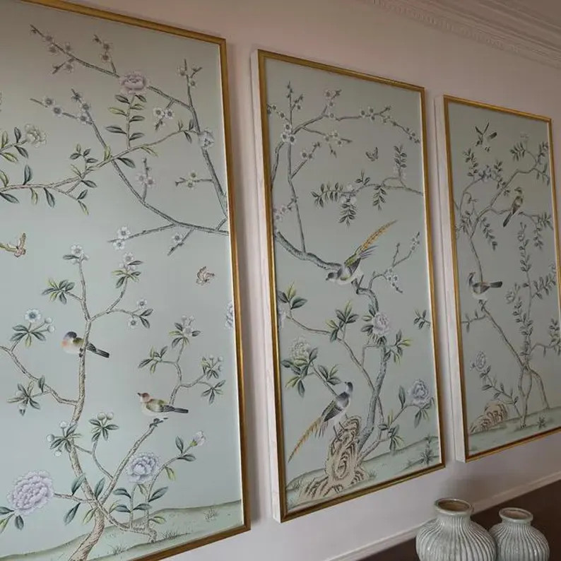 Chinoiserie Handpainted Wall Art Unframed – Birds & Peonies on Pale Blue Silk SP-30 | 24"x48" B... | Etsy (US)