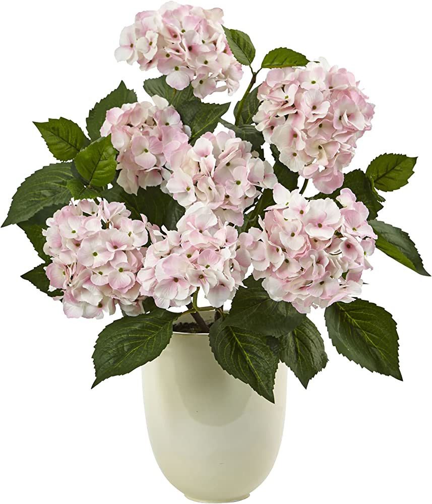 Nearly Natural 4565 Pink Hydrangea Silk Arrangement with White Planter | Amazon (US)