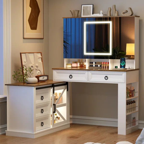 39" Oversized Makeup Mirror Vanity Table - Large Storage Side Cabinet With Tri-Color LED Smart Po... | Wayfair North America