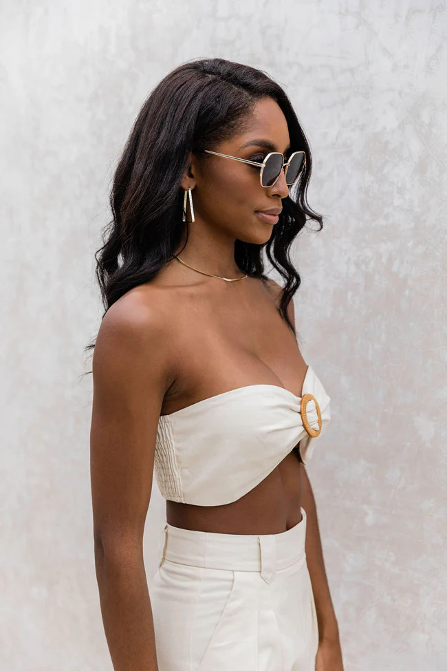 Back and Better Beige Bamboo Buckle Bandeau Blouse | Pink Lily