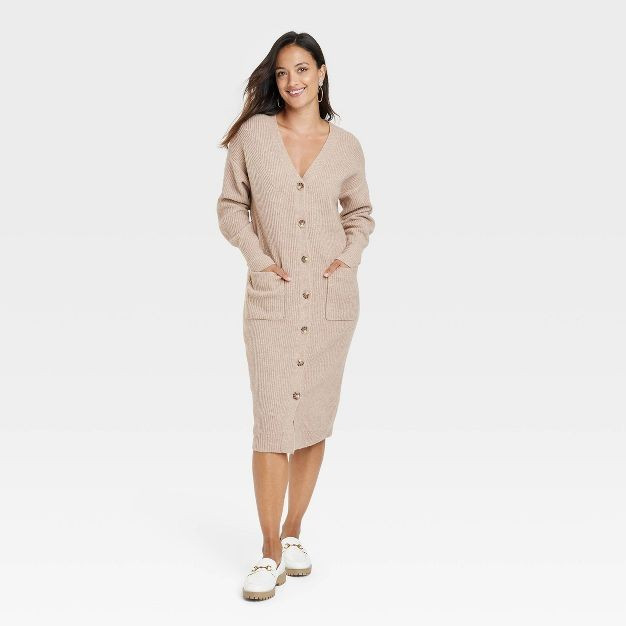 Women's Long Sleeve Button-Front Sweater Dress - A New Day™ Oatmeal XS | Target