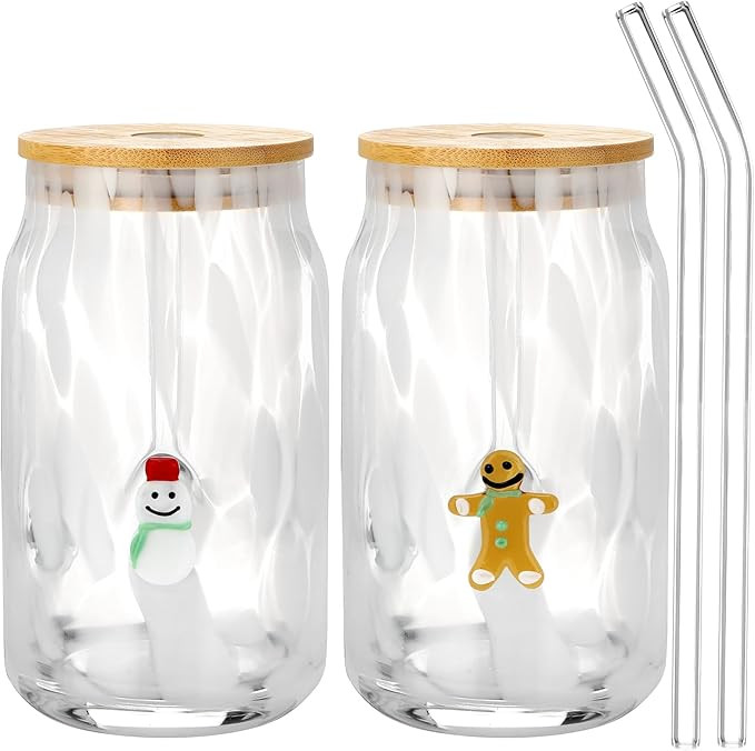 2 Pcs Christmas Icon Glass Cups 16.9 oz Gingerbread Man Snowman Glass Cups with Lids and Straws D... | Amazon (US)