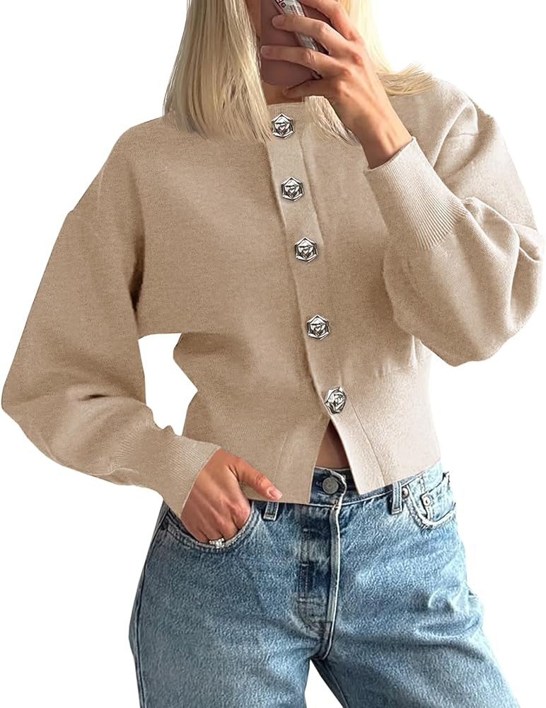 Saodimallsu Womens Button Up Cardigan Sweaters Fall Trendy Long Lantern Sleeve Knit Crew Neck Swe... | Amazon (US)