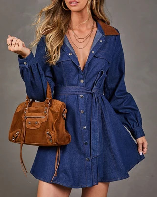 Harlie Denim Contrast Collar Waist Tie Mini Shirt Dress Dark Denim / S | VICI
