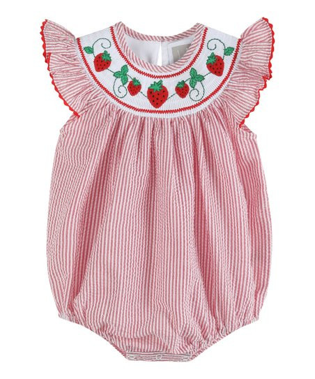 Lil Cactus Red & White Stripe Strawberry Appliqué Smocked Angel-Sleeve Romper - Infant & Toddler | Zulily